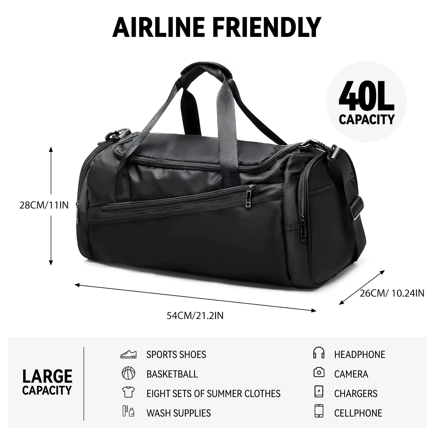 Sports Gym Bag Travel Duffel Bag with Shoes Compartment for Men Women 40L Lightweight Foldable Duffel Bag Workout Bag